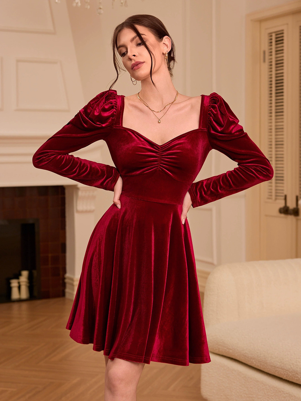 ZARA Wine Red French Chic High Waist Midi Dress Korean Velvet Spring Summer